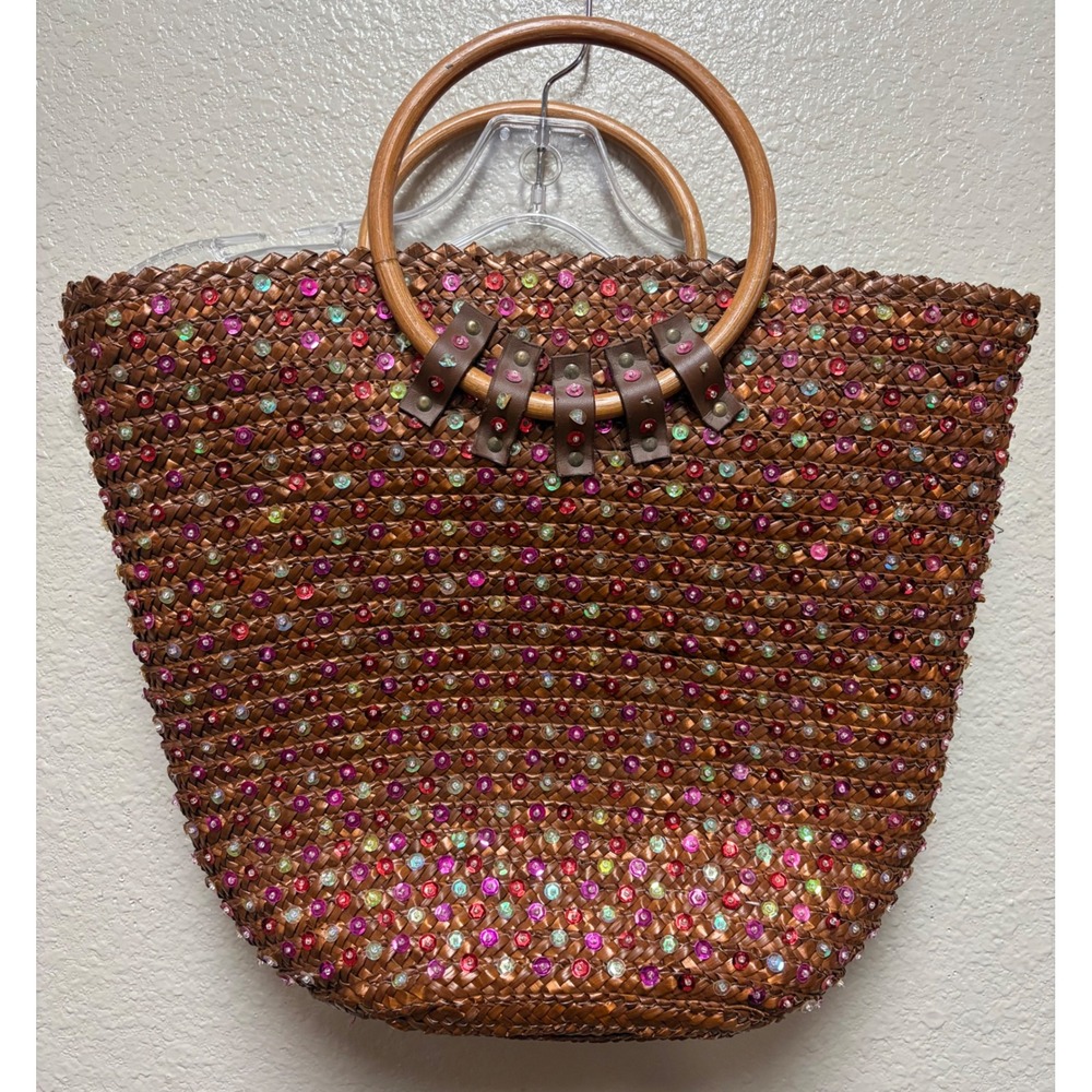 Victoria's Secret Straw Tote Bag Sequin Embellished Wood Handle Pink Lining
